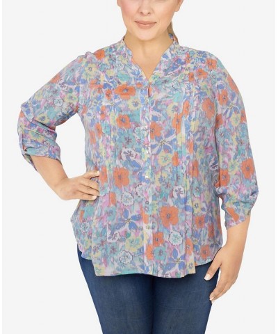 Plus Size Silky Gauze Printed Button Front Top Floral Aqua Multi $31.82 Tops