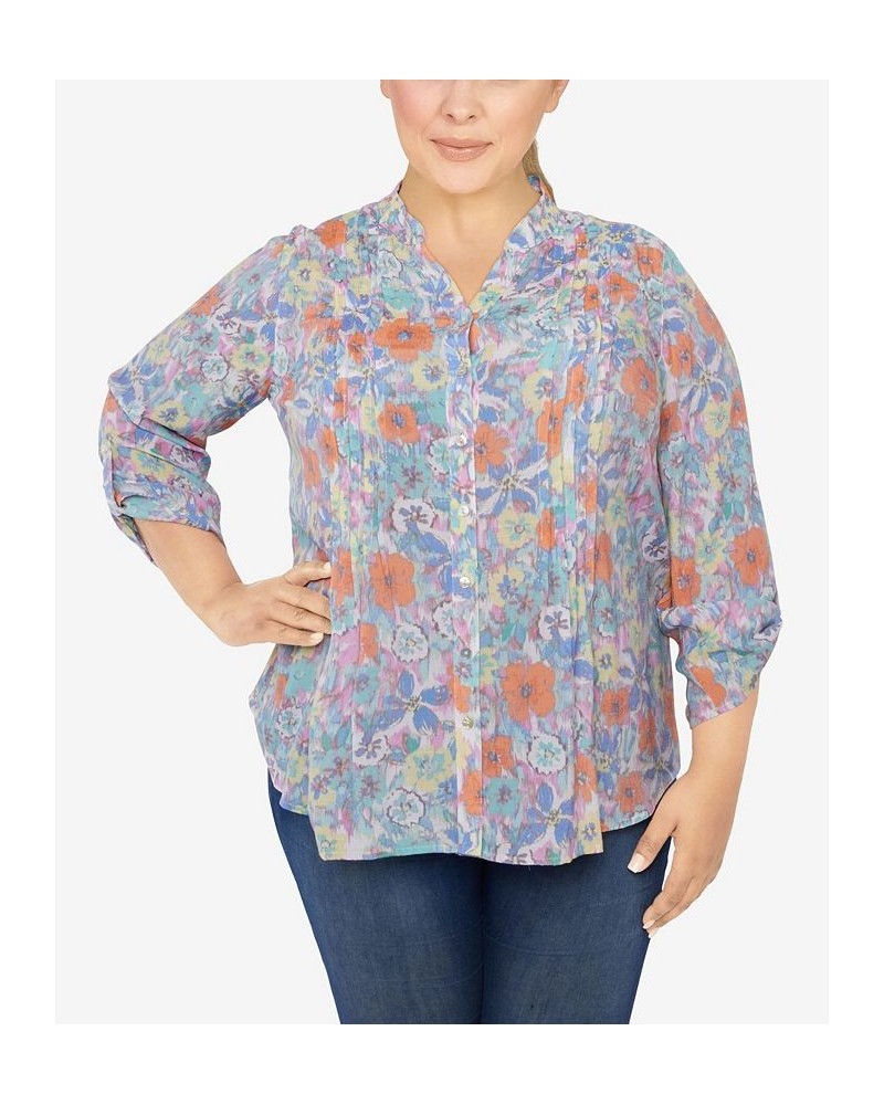 Plus Size Silky Gauze Printed Button Front Top Floral Aqua Multi $31.82 Tops