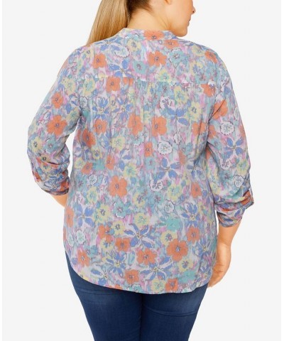 Plus Size Silky Gauze Printed Button Front Top Floral Aqua Multi $31.82 Tops