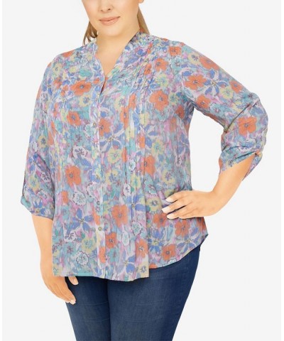 Plus Size Silky Gauze Printed Button Front Top Floral Aqua Multi $31.82 Tops