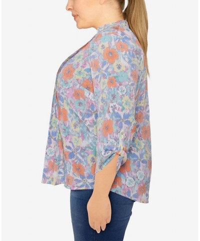 Plus Size Silky Gauze Printed Button Front Top Floral Aqua Multi $31.82 Tops