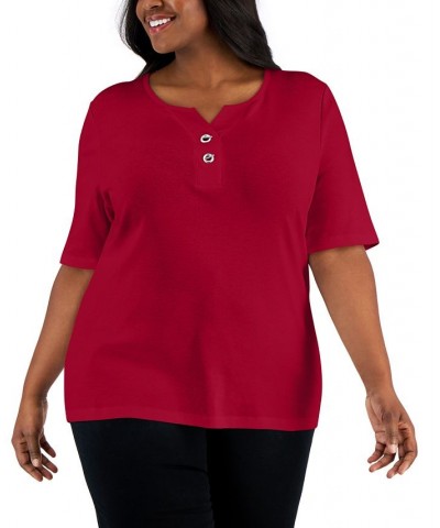 Plus Size Henley Top Red $13.78 Tops