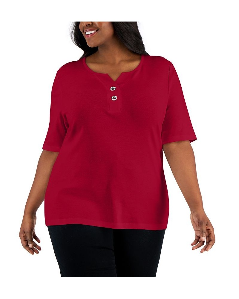 Plus Size Henley Top Red $13.78 Tops