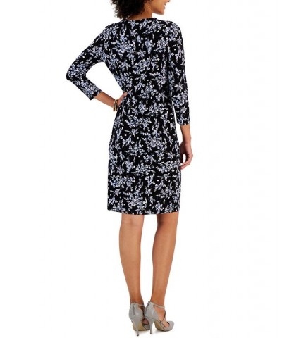 Women's Boat Neck Floral-Print Faux-Wrap Dress Black Multi $31.31 Dresses