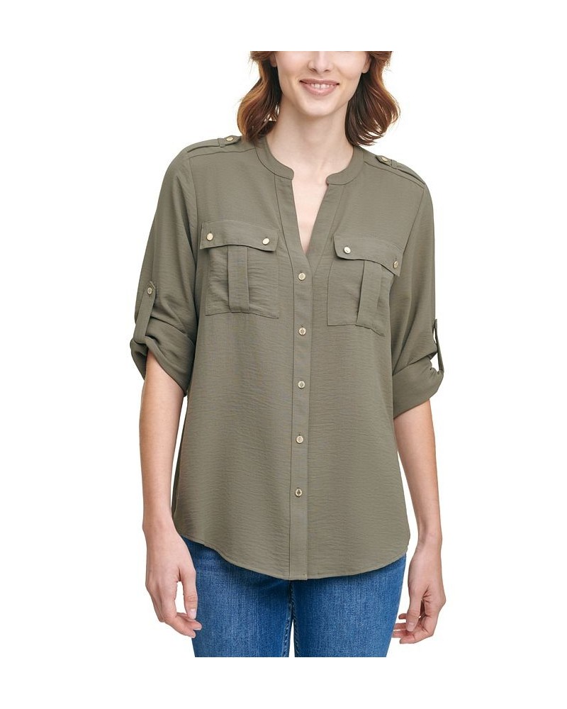 Textured Roll Tab Button Down Shirt Green $19.74 Tops