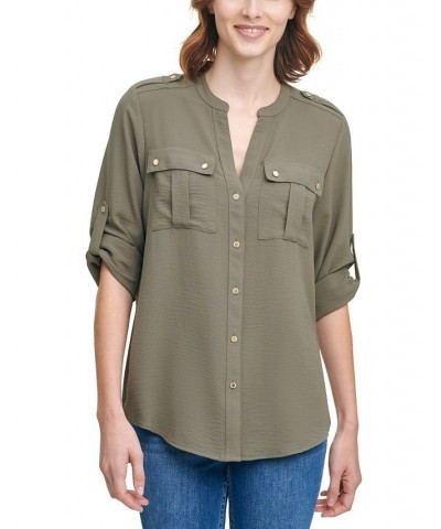 Textured Roll Tab Button Down Shirt Green $19.74 Tops