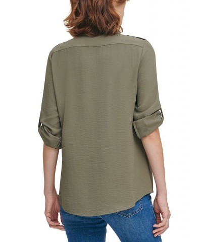 Textured Roll Tab Button Down Shirt Green $19.74 Tops