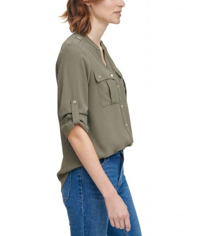 Textured Roll Tab Button Down Shirt Green $19.74 Tops