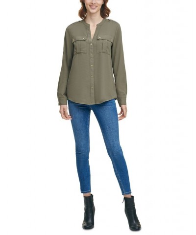 Textured Roll Tab Button Down Shirt Green $19.74 Tops