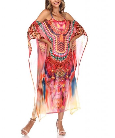 Women's Sheer Maxi Caftan Dress Red Cheetah $22.25 Dresses