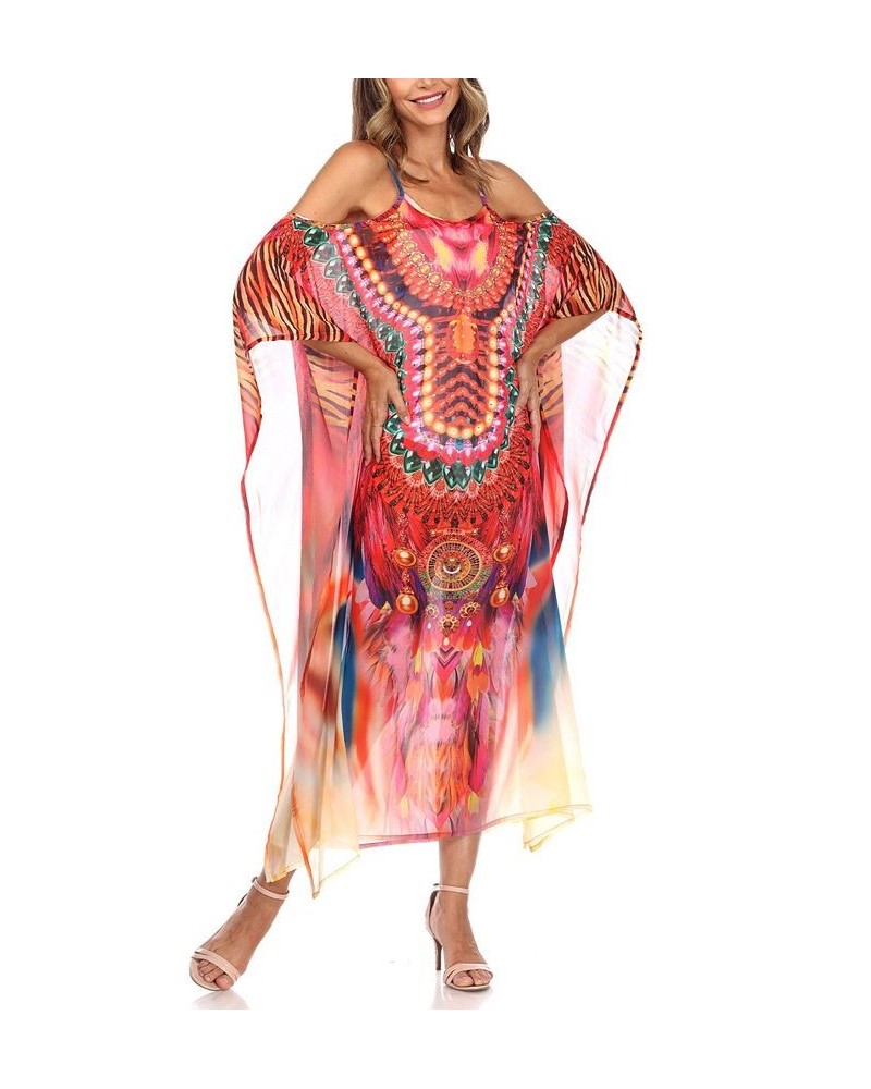 Women's Sheer Maxi Caftan Dress Red Cheetah $22.25 Dresses