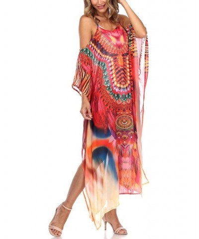 Women's Sheer Maxi Caftan Dress Red Cheetah $22.25 Dresses