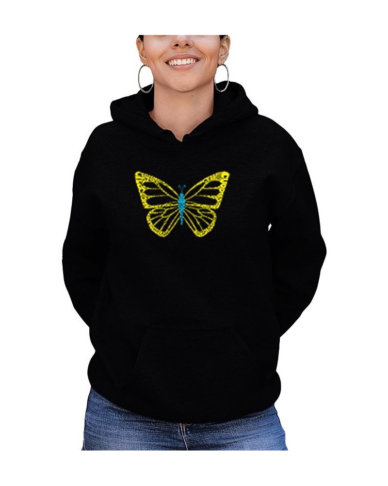 Women's Butterfly Word Art Hooded Sweatshirt Black $26.40 Tops