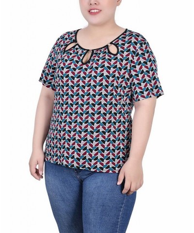 Plus Size Short Sleeve with Ring Details Top Black Teal White Geo $16.28 Tops