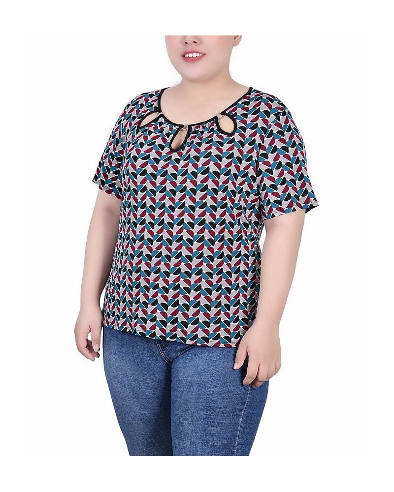 Plus Size Short Sleeve with Ring Details Top Black Teal White Geo $16.28 Tops