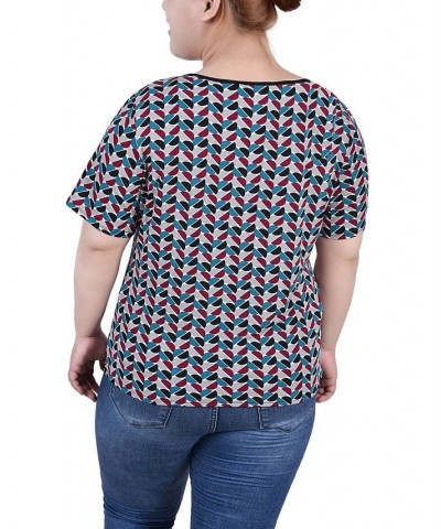 Plus Size Short Sleeve with Ring Details Top Black Teal White Geo $16.28 Tops