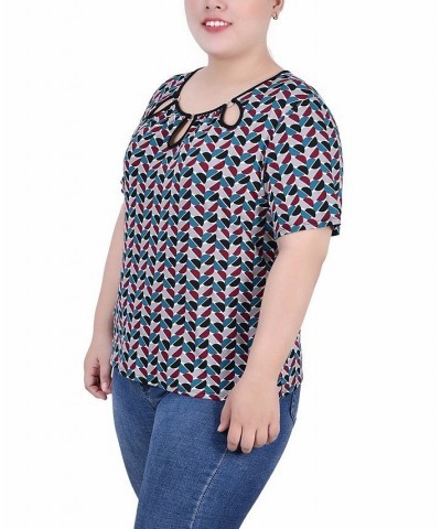 Plus Size Short Sleeve with Ring Details Top Black Teal White Geo $16.28 Tops