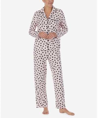 Women's Brushed Sweater Knit Notch Pajama Set Pink with Black Hearts $36.96 Sleepwear