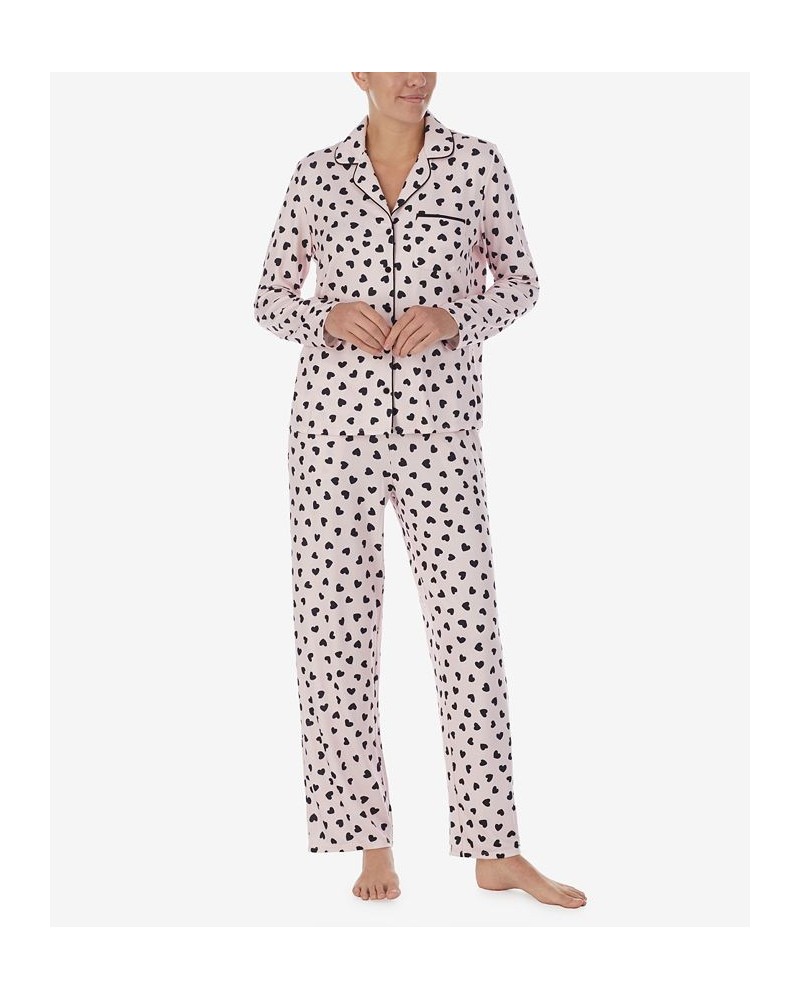 Women's Brushed Sweater Knit Notch Pajama Set Pink with Black Hearts $36.96 Sleepwear