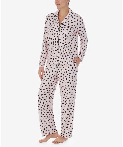 Women's Brushed Sweater Knit Notch Pajama Set Pink with Black Hearts $36.96 Sleepwear