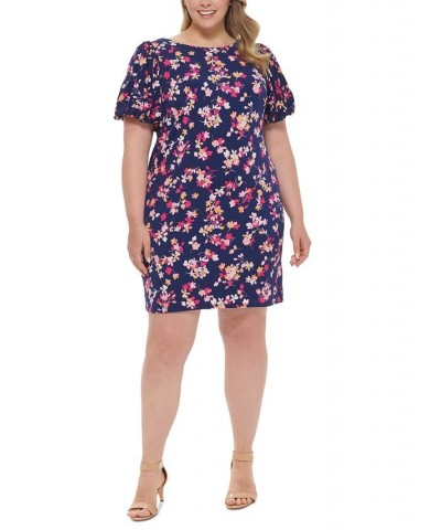 Plus Size Floral-Print Puff-Sleeve Sheath Dress Navy Multi $32.70 Dresses