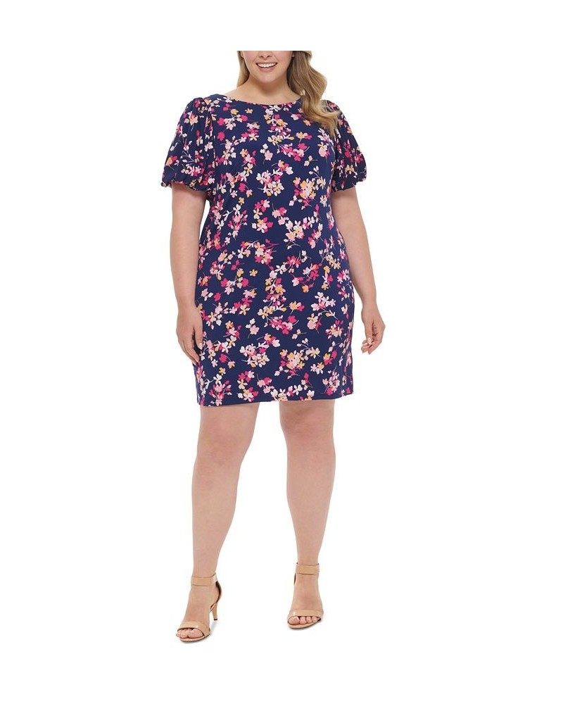 Plus Size Floral-Print Puff-Sleeve Sheath Dress Navy Multi $32.70 Dresses