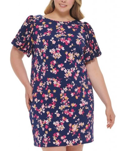 Plus Size Floral-Print Puff-Sleeve Sheath Dress Navy Multi $32.70 Dresses