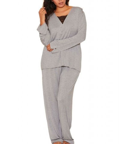 Plus Size Contrast Lace and Modal Comfy Sleep and Lounge Set Gray $42.40 Lingerie