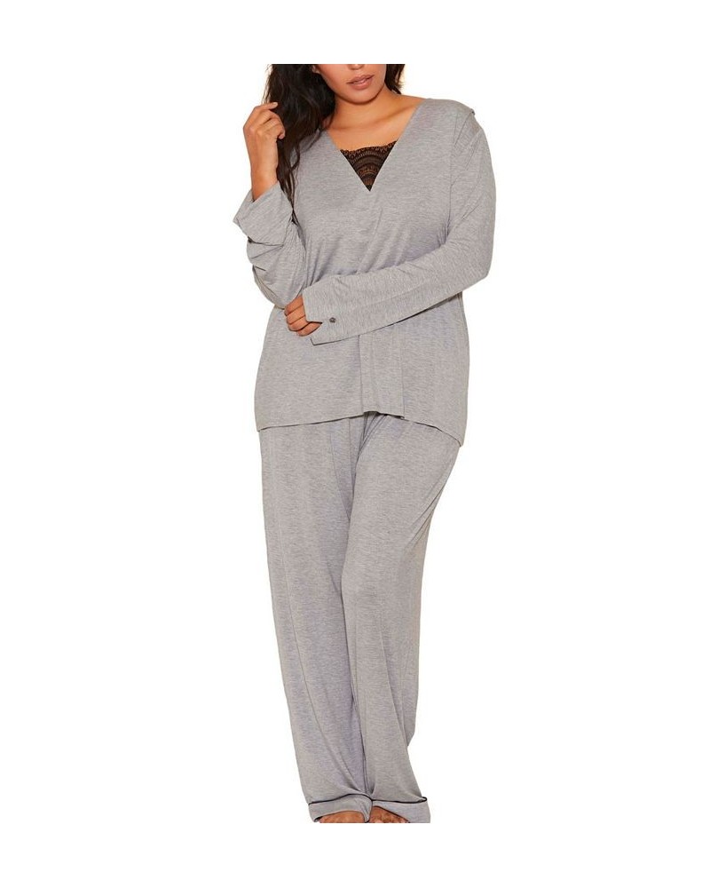 Plus Size Contrast Lace and Modal Comfy Sleep and Lounge Set Gray $42.40 Lingerie