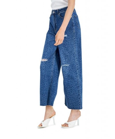 Women's Animal-Print Destructed Wide-Leg Jeans Medium Indigo $16.22 Jeans