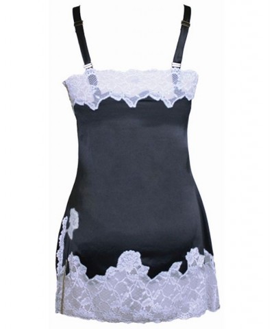 Women's Stretch Satin and Lace Chemise Lingerie with Adjustable Wide Straps Black-ivory $37.51 Lingerie