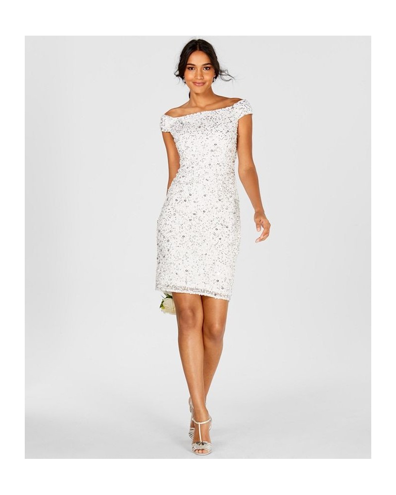 Women's Off-The-Shoulder Beaded Sheath Dress Ivory/Silver $77.33 Dresses