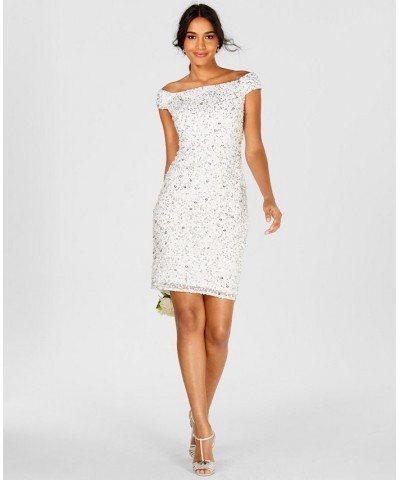 Women's Off-The-Shoulder Beaded Sheath Dress Ivory/Silver $77.33 Dresses