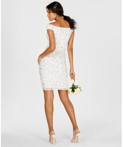 Women's Off-The-Shoulder Beaded Sheath Dress Ivory/Silver $77.33 Dresses