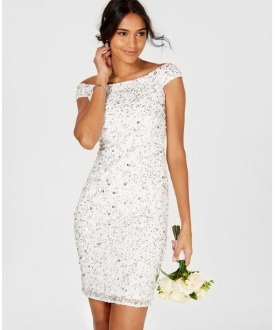 Women's Off-The-Shoulder Beaded Sheath Dress Ivory/Silver $77.33 Dresses