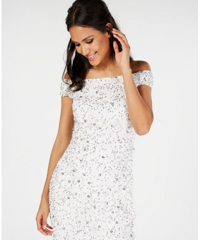 Women's Off-The-Shoulder Beaded Sheath Dress Ivory/Silver $77.33 Dresses