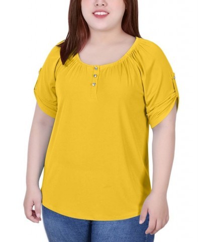 Plus Size Short Sleeve Round Neck Henley Top Yellow $14.08 Tops