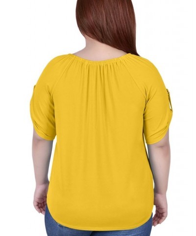 Plus Size Short Sleeve Round Neck Henley Top Yellow $14.08 Tops