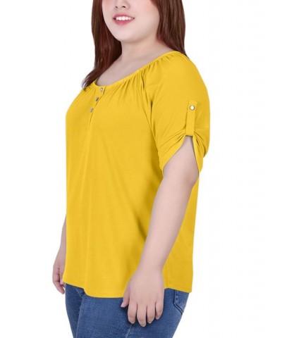 Plus Size Short Sleeve Round Neck Henley Top Yellow $14.08 Tops