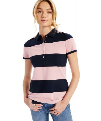 Women's Striped Piqué Polo Shirt Bridal Rose $21.43 Tops