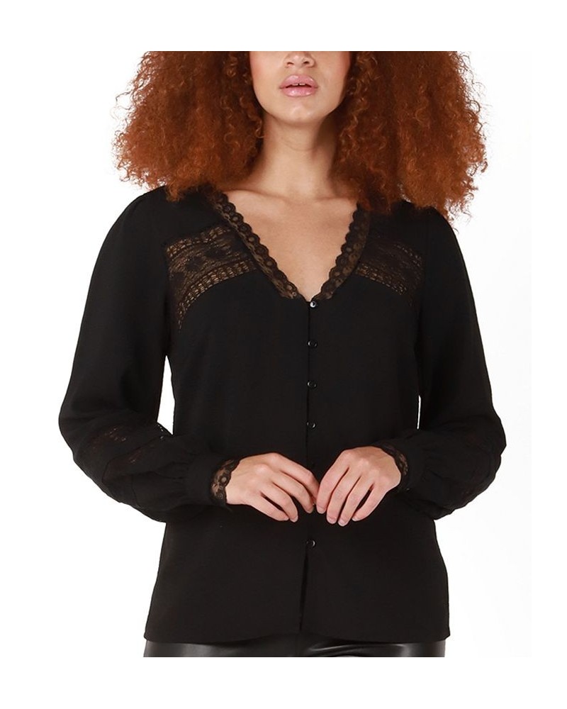 Women's Long-Sleeve Lace-Insert Jacquard Blouse Black $34.78 Tops