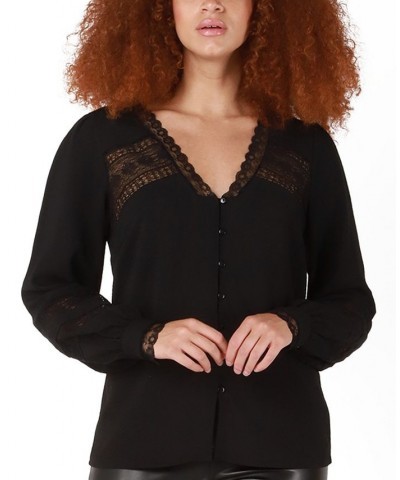 Women's Long-Sleeve Lace-Insert Jacquard Blouse Black $34.78 Tops