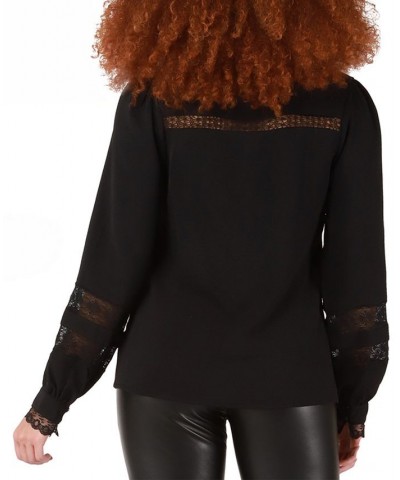 Women's Long-Sleeve Lace-Insert Jacquard Blouse Black $34.78 Tops