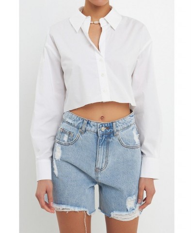 Women's Raw Edge Cropped Shirts White $36.00 Tops