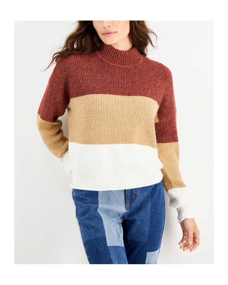 Juniors' Easy Color-blocked Mock-Neck Sweater Rust Tan Combo $15.69 Sweaters