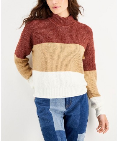 Juniors' Easy Color-blocked Mock-Neck Sweater Rust Tan Combo $15.69 Sweaters