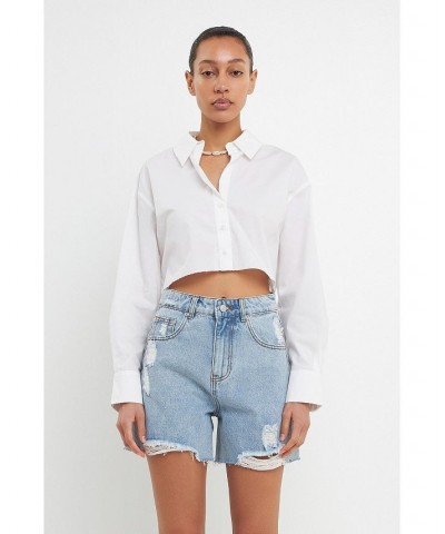 Women's Raw Edge Cropped Shirts White $36.00 Tops