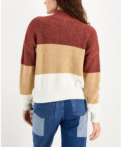 Juniors' Easy Color-blocked Mock-Neck Sweater Rust Tan Combo $15.69 Sweaters