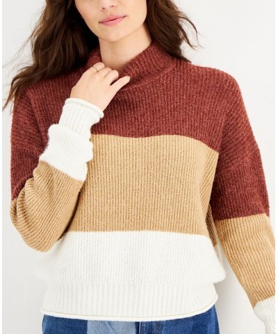 Juniors' Easy Color-blocked Mock-Neck Sweater Rust Tan Combo $15.69 Sweaters