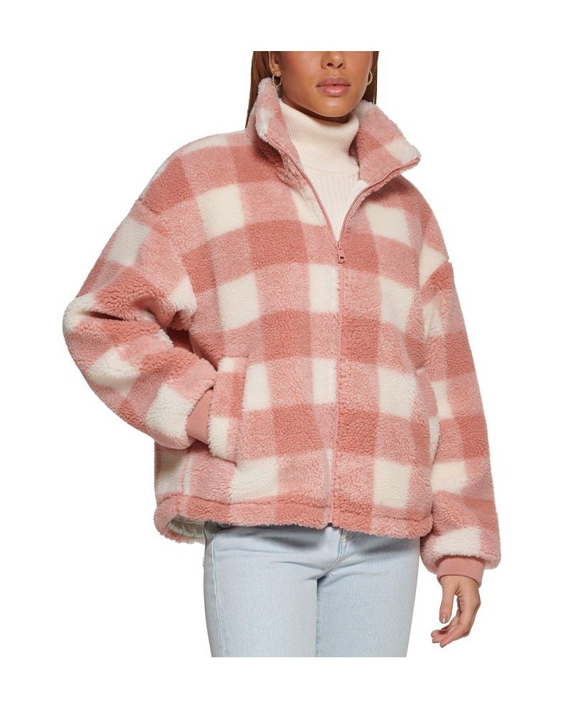 Women's Plaid Sherpa Stand Collar Jacket Pink $43.00 Jackets